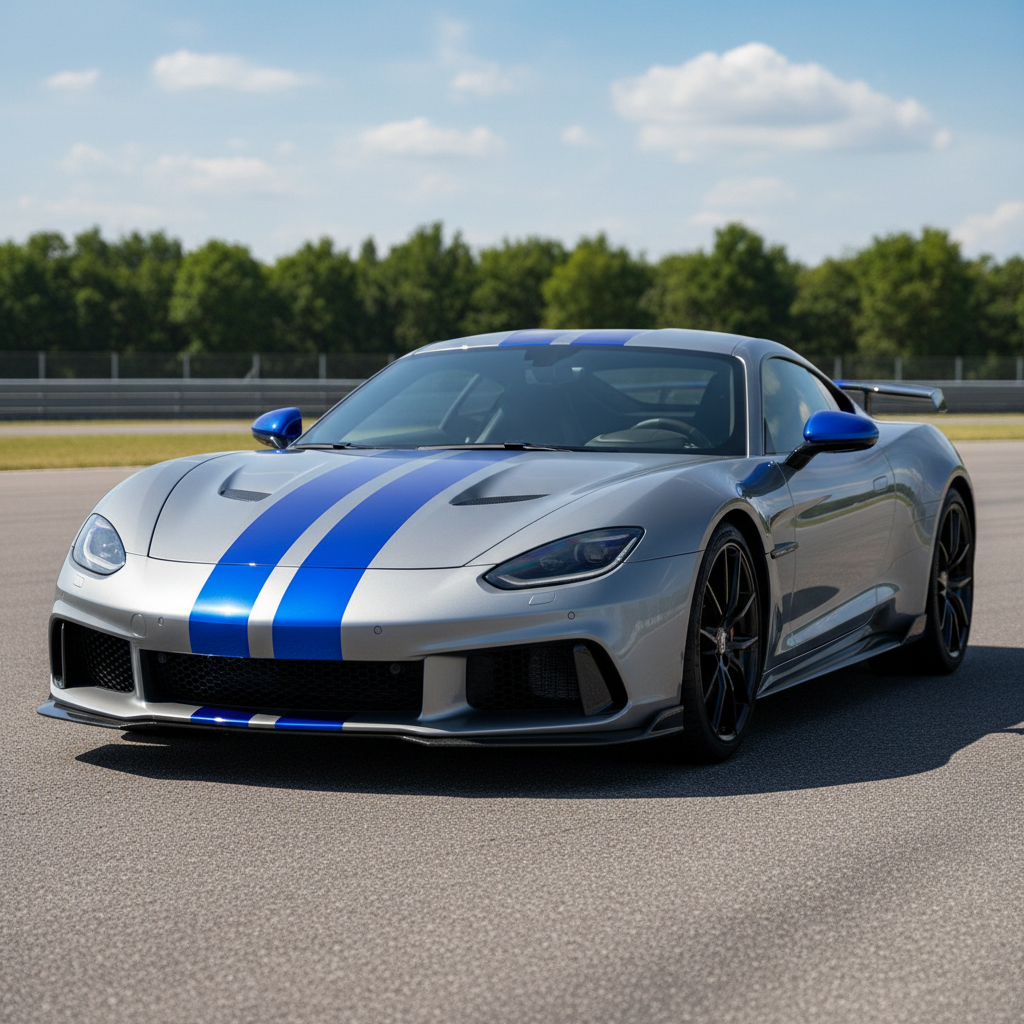 Car with blue chrome stripes