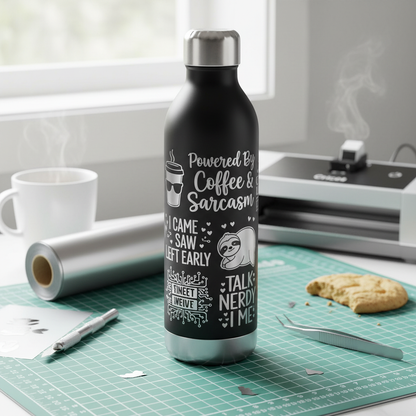 DIY water bottle with humorous silver vinyl decals