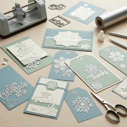 Handmade cards and gift tags with silver vinyl