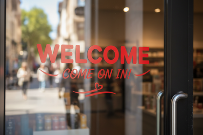 Red vinyl WELCOME sign