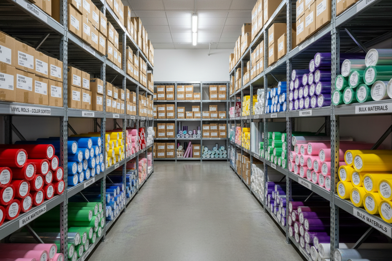 Storage shelves with boxes and vinyl rolls